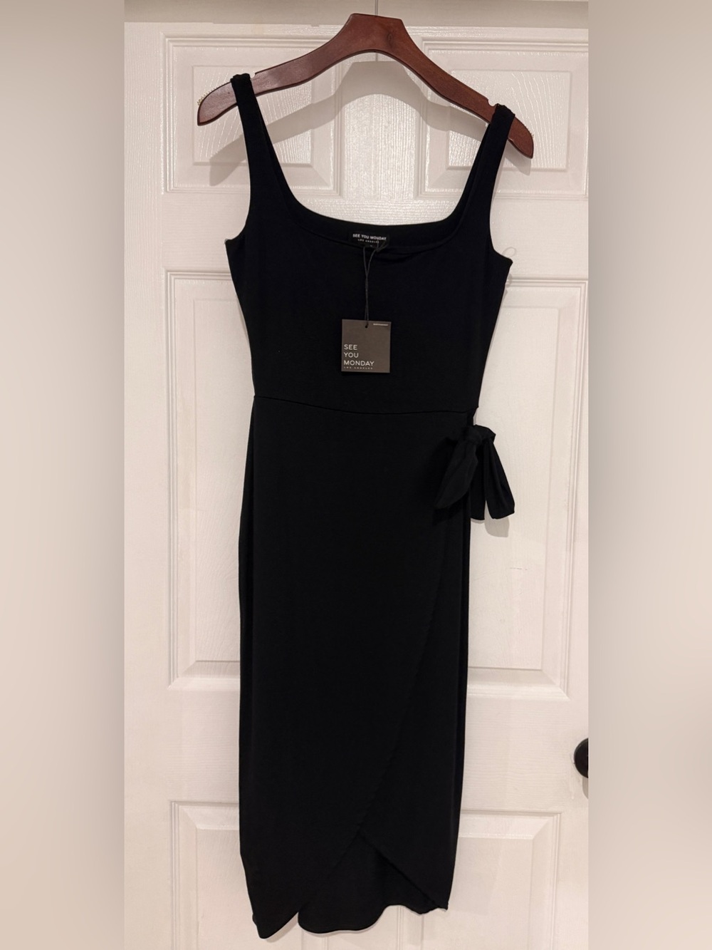 See You Monday Black Wrap-Tie Midi Dress Size L